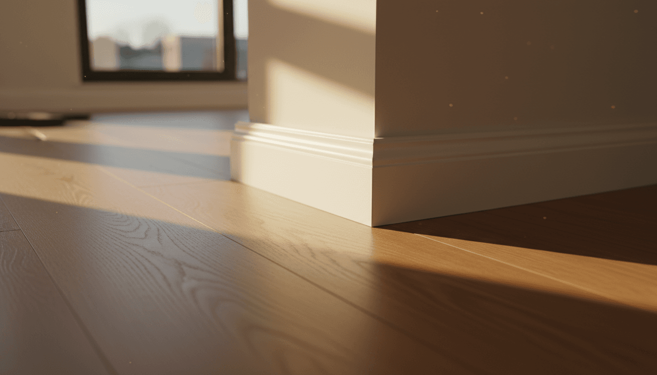 Close-up of high-quality wooden floor installation with professional finishing trim