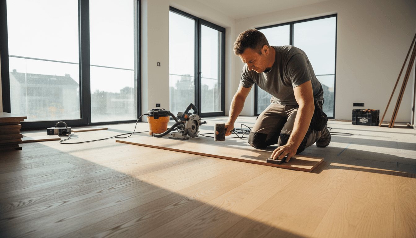 Skilled tradesperson installing premium hardwood flooring in a residential renovation project