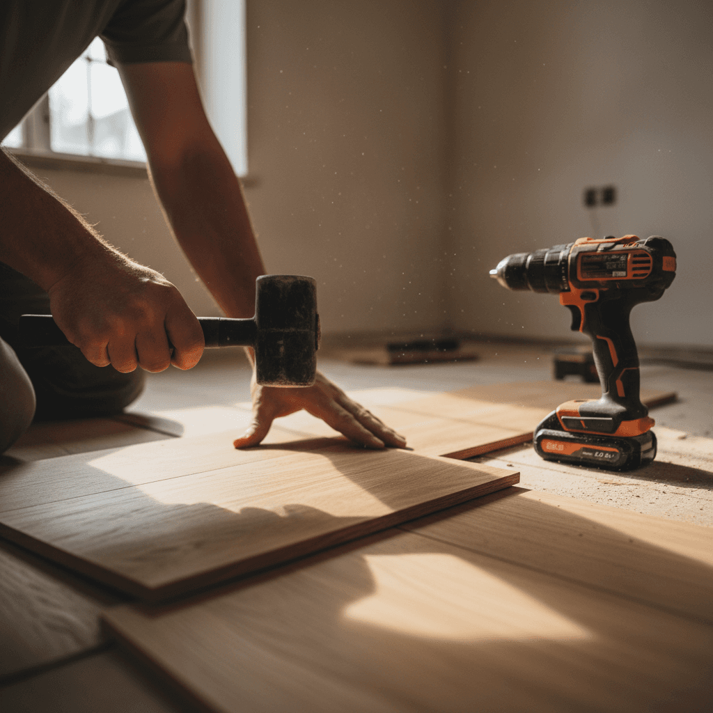 Professional floor fitting installation with timber boards