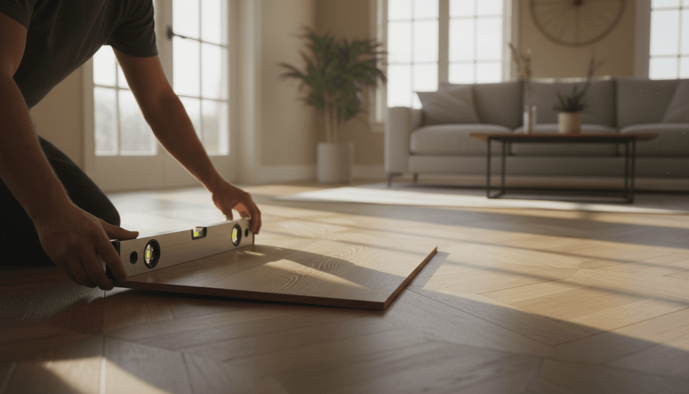 Expert flooring installation in progress showing precise craftsmanship