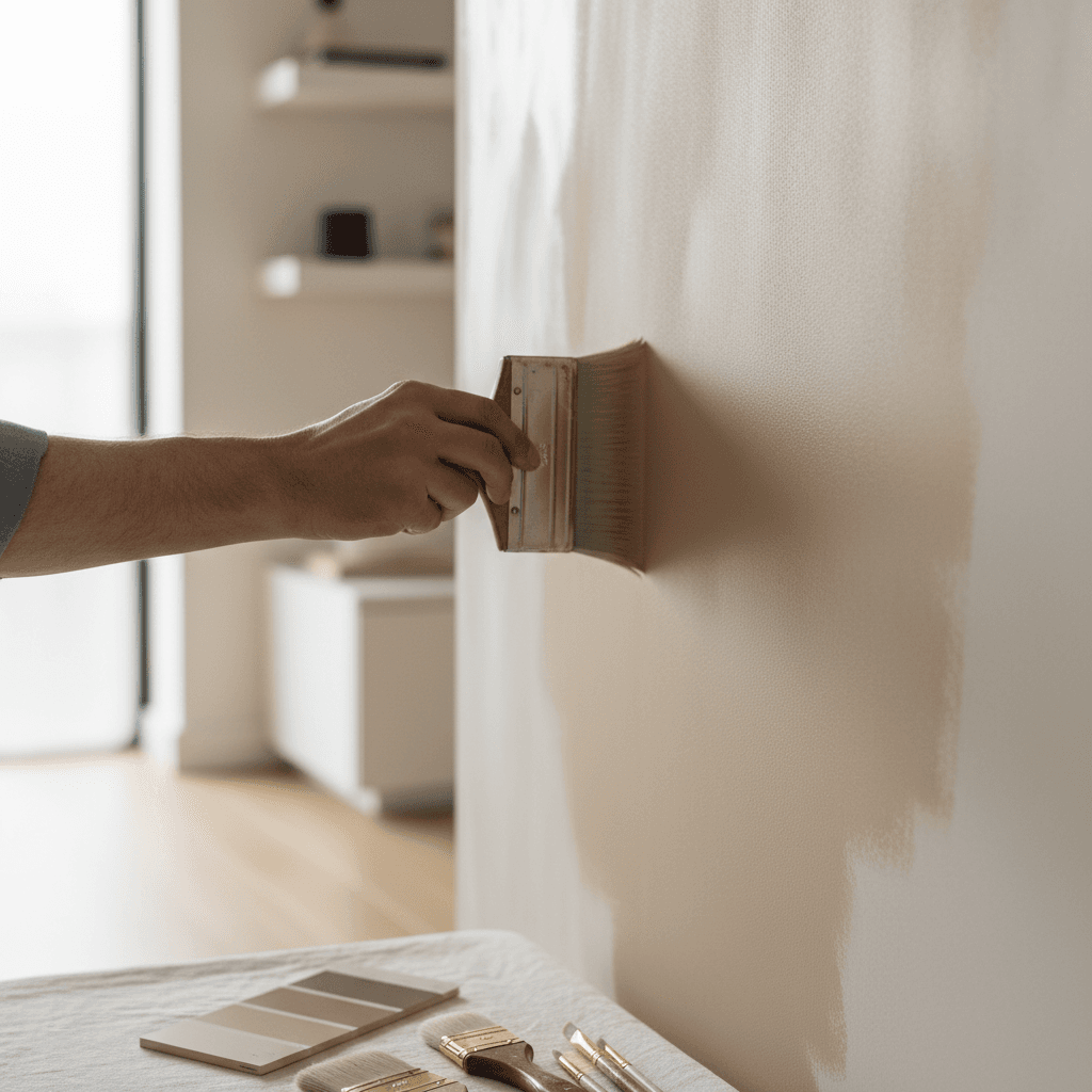 Close-up of painter's hand applying premium matte finish to residential wall with natural light illuminating the detailed brushwork